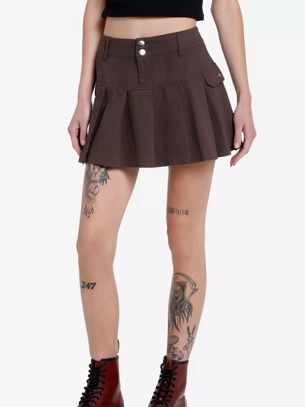 Grunge Punk Brown 100% Cotton Pleated Mini Cargo Skirt